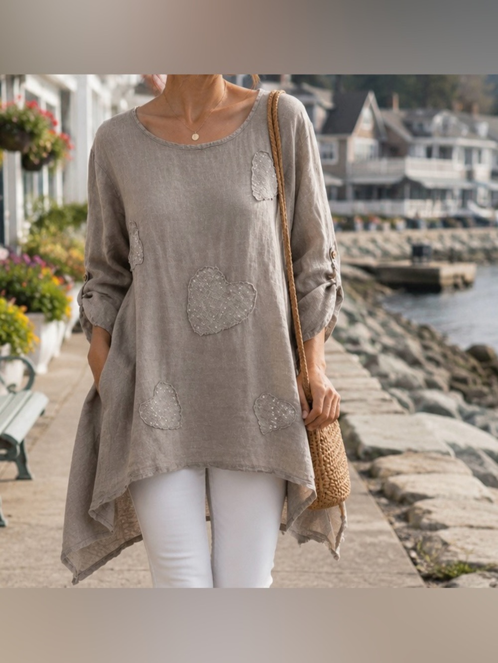 Beyond Capri Made in Italy Linen Tunic Taupe Sequin Heart One Size